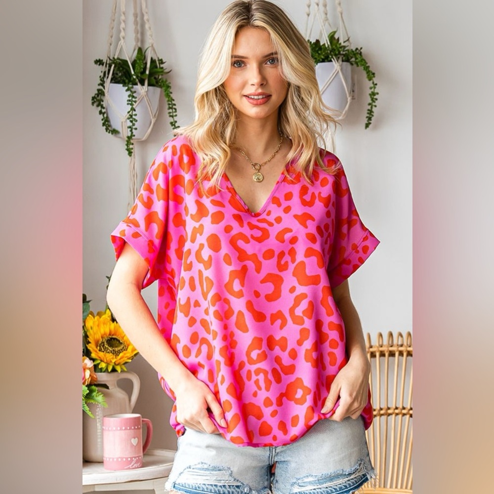 First Love Leopard V-Neck Short Sleeve Woven Top - Picture 4 of 4